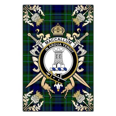 Clan MacCallum Modern Tartan Crest Black Garden Flag - Gold Thistle