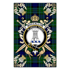 Clan MacCallum Modern Tartan Crest Black Garden Flag - Gold Thistle CH95 Clan MacCallum Tartan Today