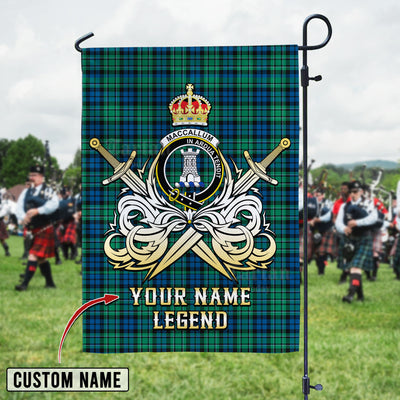 Custom Name Clan MacCallum Ancient Tartan Garden Flag with Clan Crest and the Golden Sword of Courageous Legacy