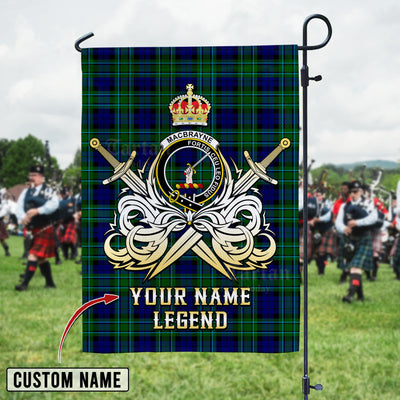 Custom Name Clan MacCallum Modern Tartan Garden Flag with Clan Crest and the Golden Sword of Courageous Legacy