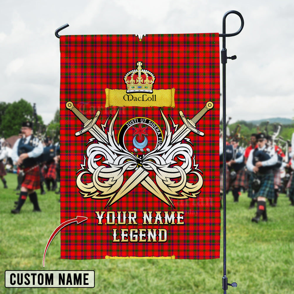 Personalized Custom Name Clan MacColl Modern Tartan Garden Flag with Clan Crest and the Golden Sword of Courageous Legacy DF31 - MacColl Modern Tartan Design, Scottish Heritage Gift