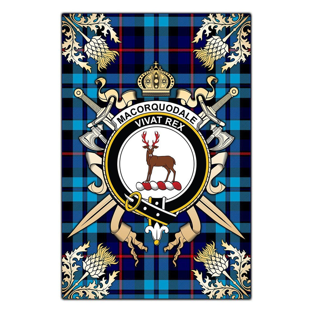 Clan Clan MacCorquodale Tartan Crest Black Garden Flag - Gold Thistle QZ27 Clan MacCorquodale Tartan Today