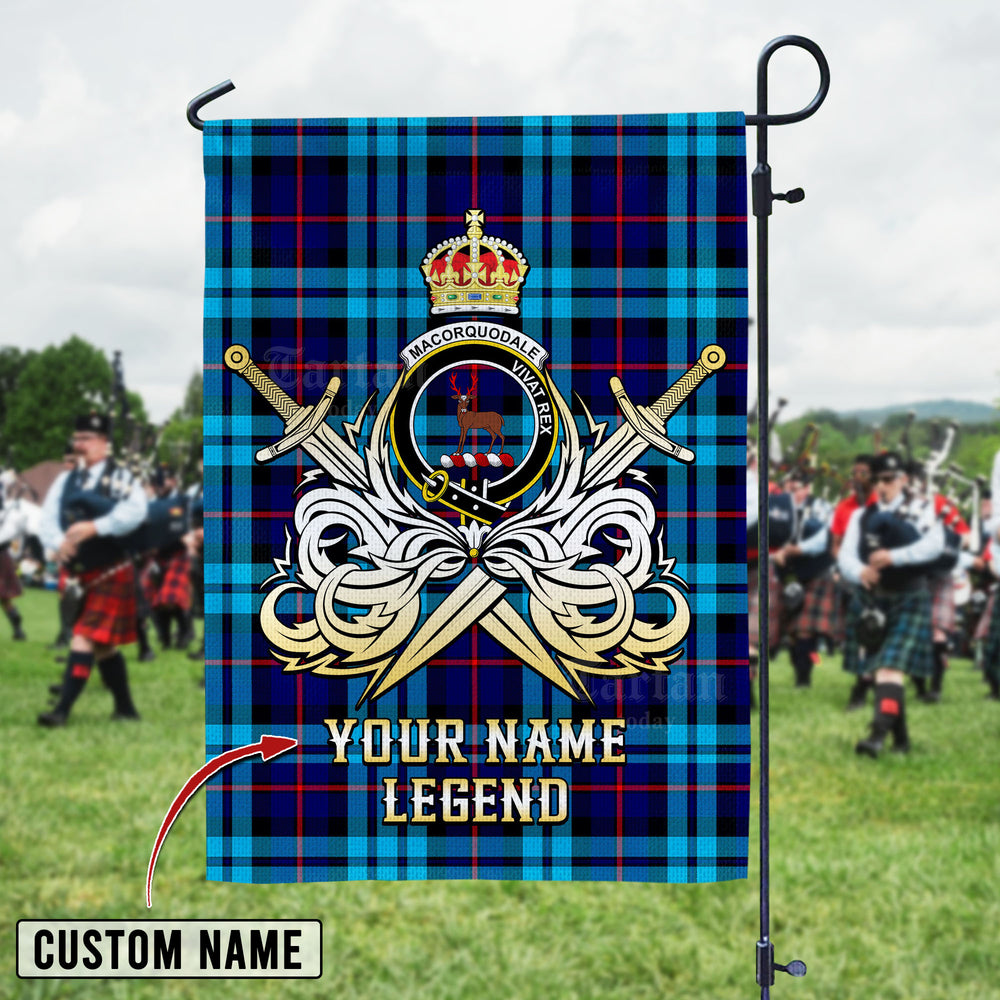 Personalized Custom Name Clan MacCorquodale Tartan Garden Flag with Clan Crest and the Golden Sword of Courageous Legacy DW11 - MacCorquodale Tartan Design, Scottish Heritage Gift