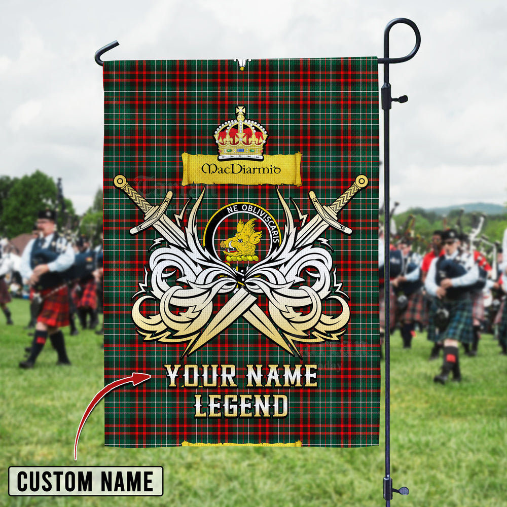 Personalized Custom Name Clan MacDiarmid Modern Tartan Garden Flag with Clan Crest and the Golden Sword of Courageous Legacy ZD42 - MacDiarmid Modern Tartan Design, Scottish Heritage Gift