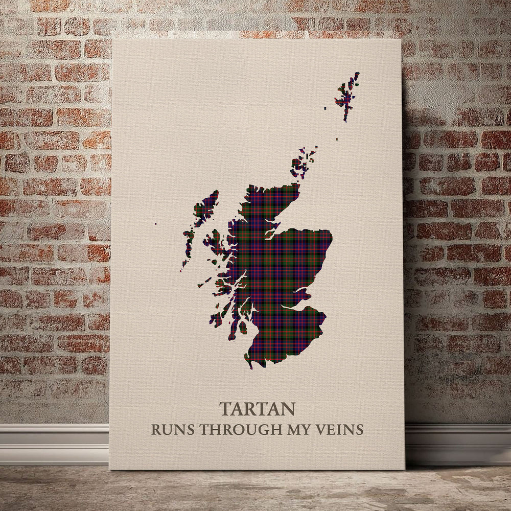 MacDonald Modern Tartan Scotland Map Canvas – “Tartan Runs Through My Veins” Wall Art