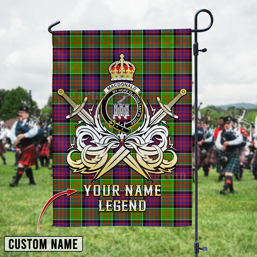 Personalized Custom Name Clan MacDonald of Clanranald Tartan Garden Flag with Clan Crest and the Golden Sword of Courageous Legacy IR17 - MacDonald of Clanranald Tartan Design, Scottish Heritage Gift