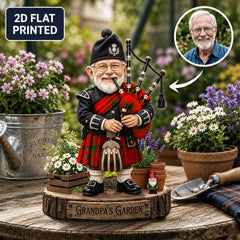 Personalized MacDonald of Sleat Clan Bagpipe Garden Gnome Caricature Plaque Custom Photo, Any Clan Tartan, Wood or Acrylic, Grandpa & Dad Gift, Scottish Highland Garden Decor YL51