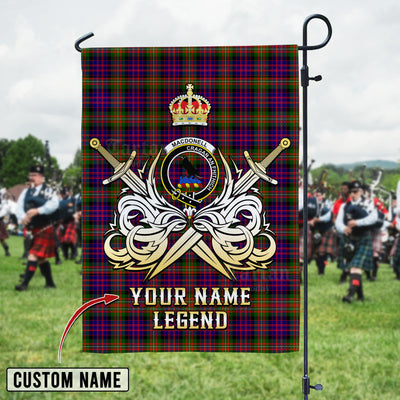 Custom Name Clan MacDonnell of Glengarry Modern Tartan Garden Flag with Clan Crest and the Golden Sword of Courageous Legacy