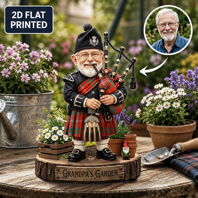 Personalized MacDougall Ancient Clan Bagpipe Garden Gnome Caricature Plaque Custom Photo, Any Clan Tartan, Wood or Acrylic, Grandpa & Dad Gift, Scottish Highland Garden Decor UK82