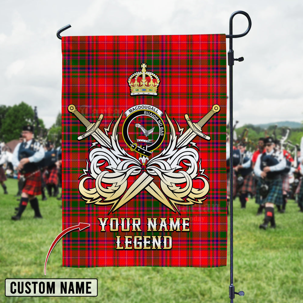 Personalized Custom Name Clan MacDougall Ancient Tartan Garden Flag with Clan Crest and the Golden Sword of Courageous Legacy FR41 - MacDougall Ancient Tartan Design, Scottish Heritage Gift