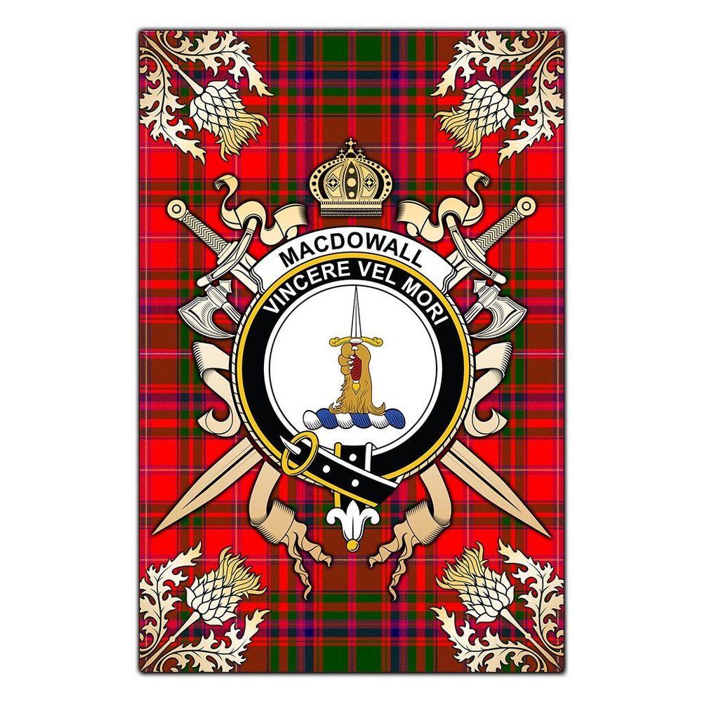 Clan MacDowall Tartan Crest Black Garden Flag - Gold Thistle DA94 Clan MacDowall Tartan Today