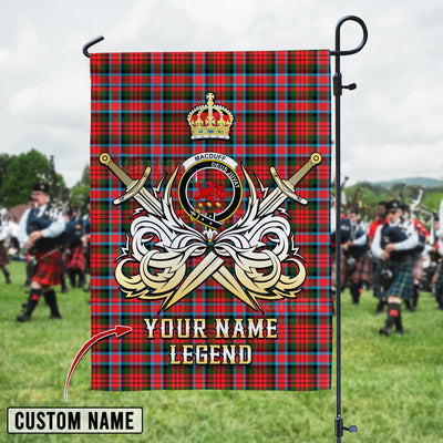 Custom Name Clan MacDuff Modern Tartan Garden Flag with Clan Crest and the Golden Sword of Courageous Legacy