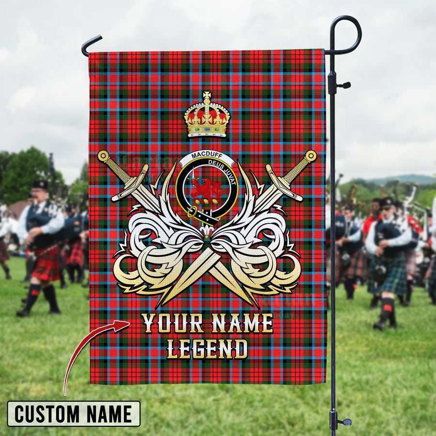 Personalized Custom Name Clan MacDuff Modern Tartan Garden Flag with Clan Crest and the Golden Sword of Courageous Legacy MJ66 - MacDuff Modern Tartan Design, Scottish Heritage Gift