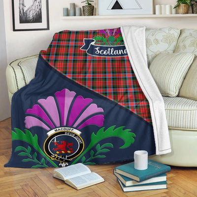 Clan MacDuff Tartan Crest Premium Blanket Thistle Style
