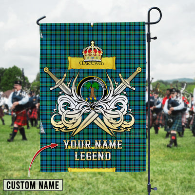 Custom Name Clan MacEwen Ancient Tartan Garden Flag with Clan Crest and the Golden Sword of Courageous Legacy