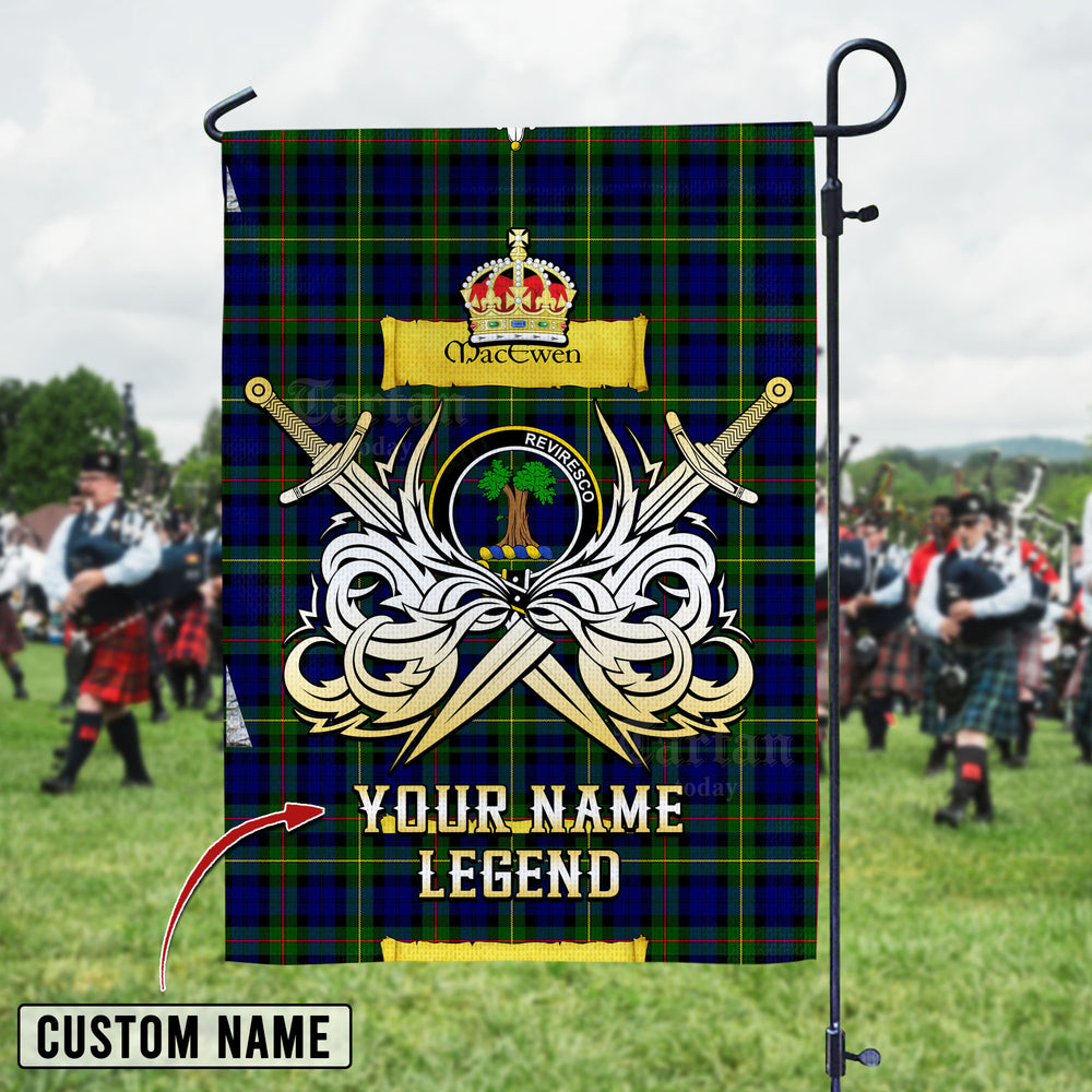 Personalized Custom Name Clan MacEwen Modern Tartan Garden Flag with Clan Crest and the Golden Sword of Courageous Legacy VY82 - MacEwen Modern Tartan Design, Scottish Heritage Gift