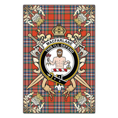 Clan MacFarlane Ancient Tartan Crest Black Garden Flag - Gold Thistle HP67 Clan MacFarlane Tartan Today