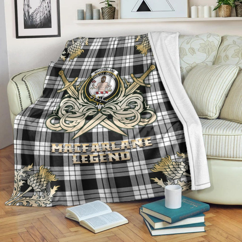 Clan MacFarlane Black & White Tartan Gold Courage Symbol Blanket WI79 Clan MacFarlane Tartan Today