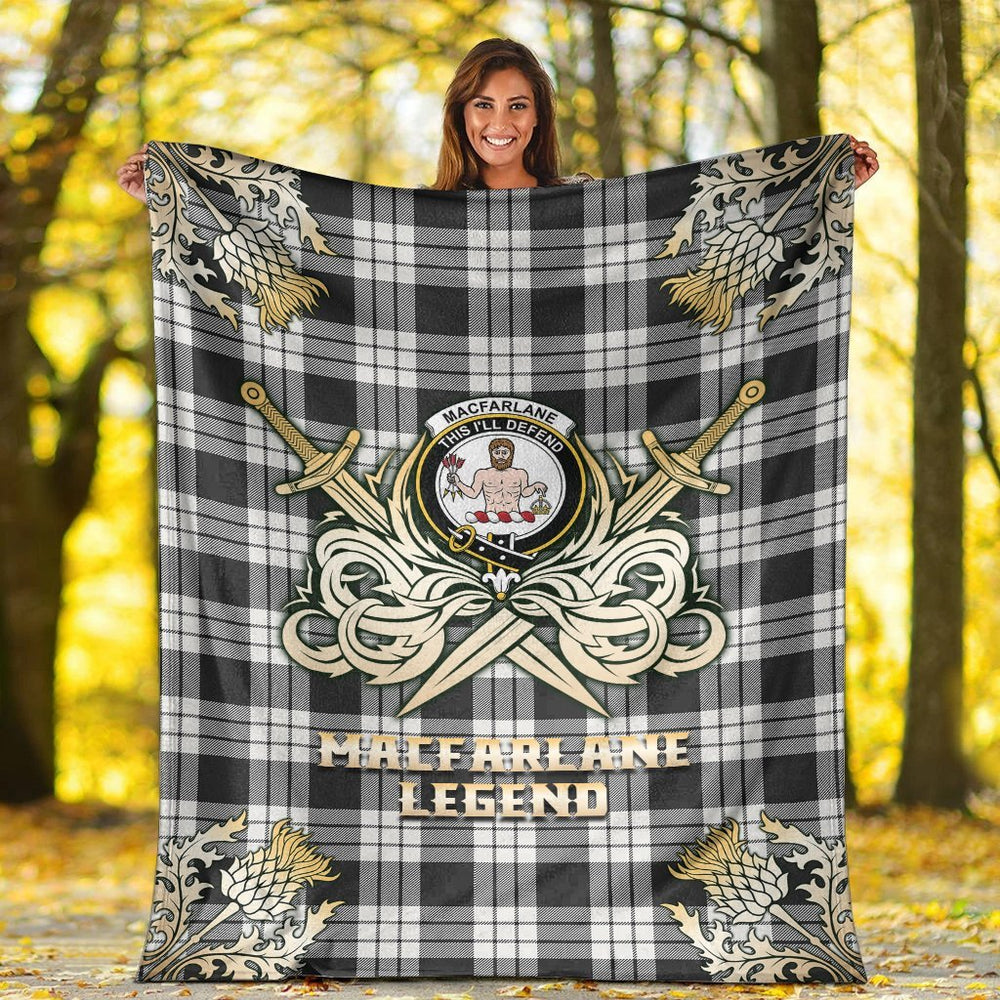 Clan MacFarlane Black & White Ancient Tartan Gold Courage Symbol Blanket FQ75 Clan MacFarlane Tartan Today