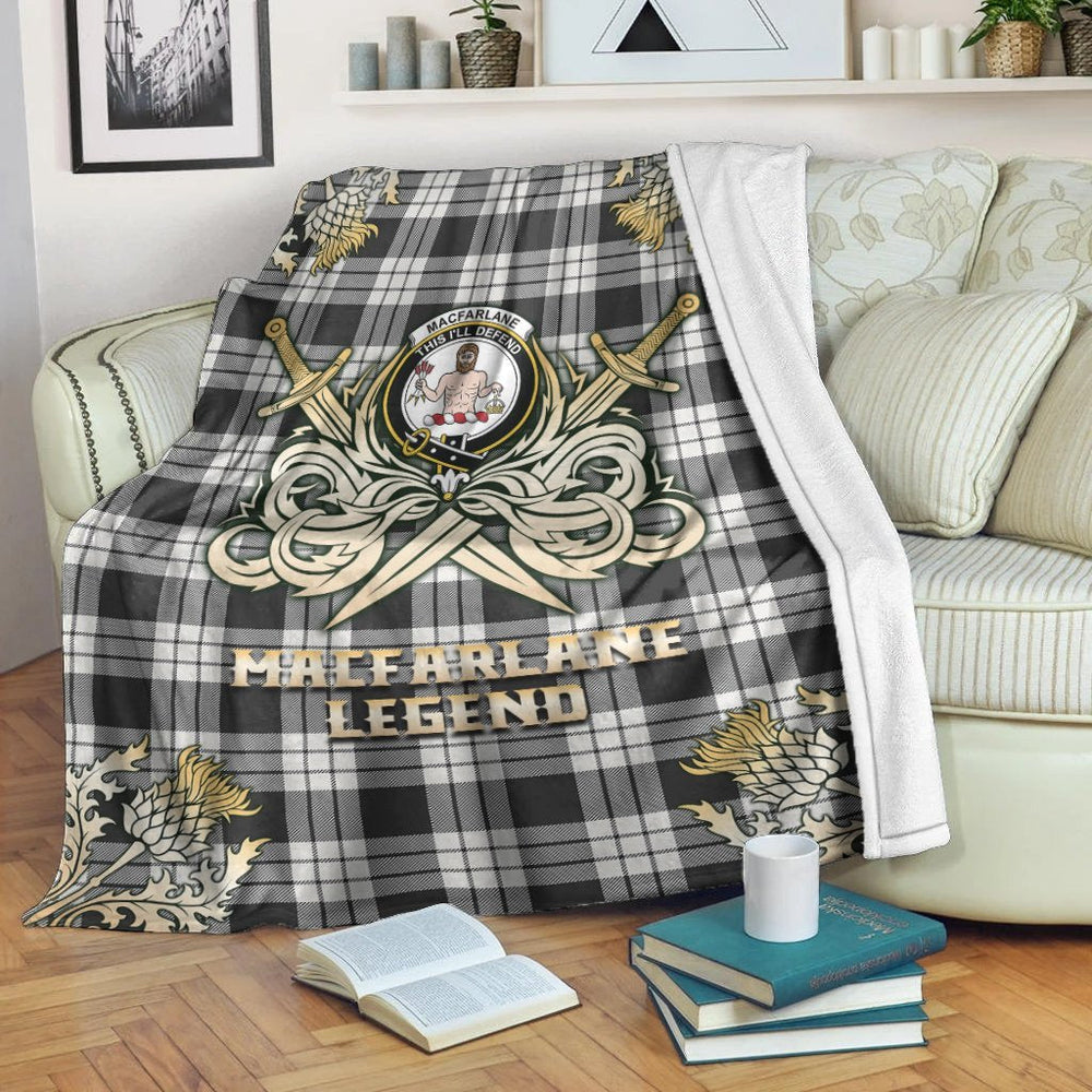 Clan MacFarlane Black & White Ancient Tartan Gold Courage Symbol Blanket FQ75 Clan MacFarlane Tartan Today
