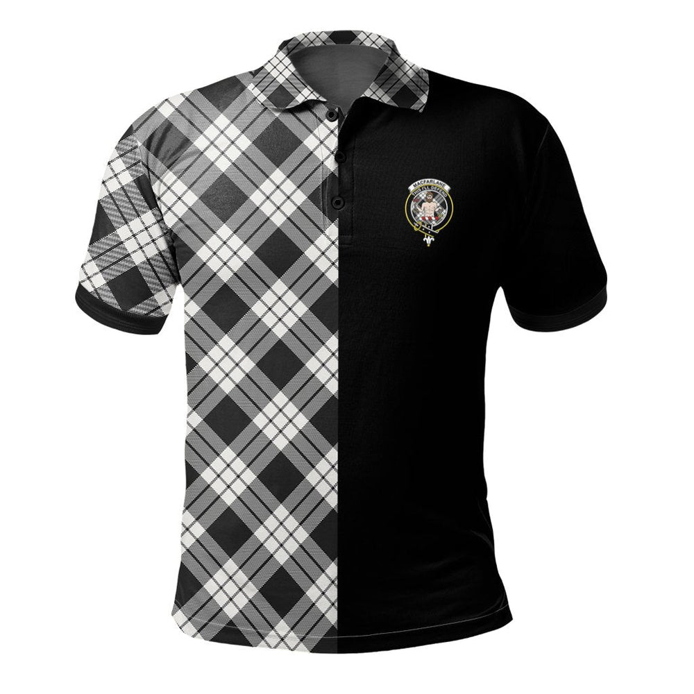 Clan MacFarlane Black _ White Ancient Tartan Polo Shirt Half of Me - Cross Style GJ42 MacFarlane Black _ White Ancient Tartan Tartan Polo