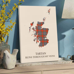 Clan MacFarlane Ancient Tartan Scotland Map Canvas “Tartan Runs Through My Veins” Wall Art QB82