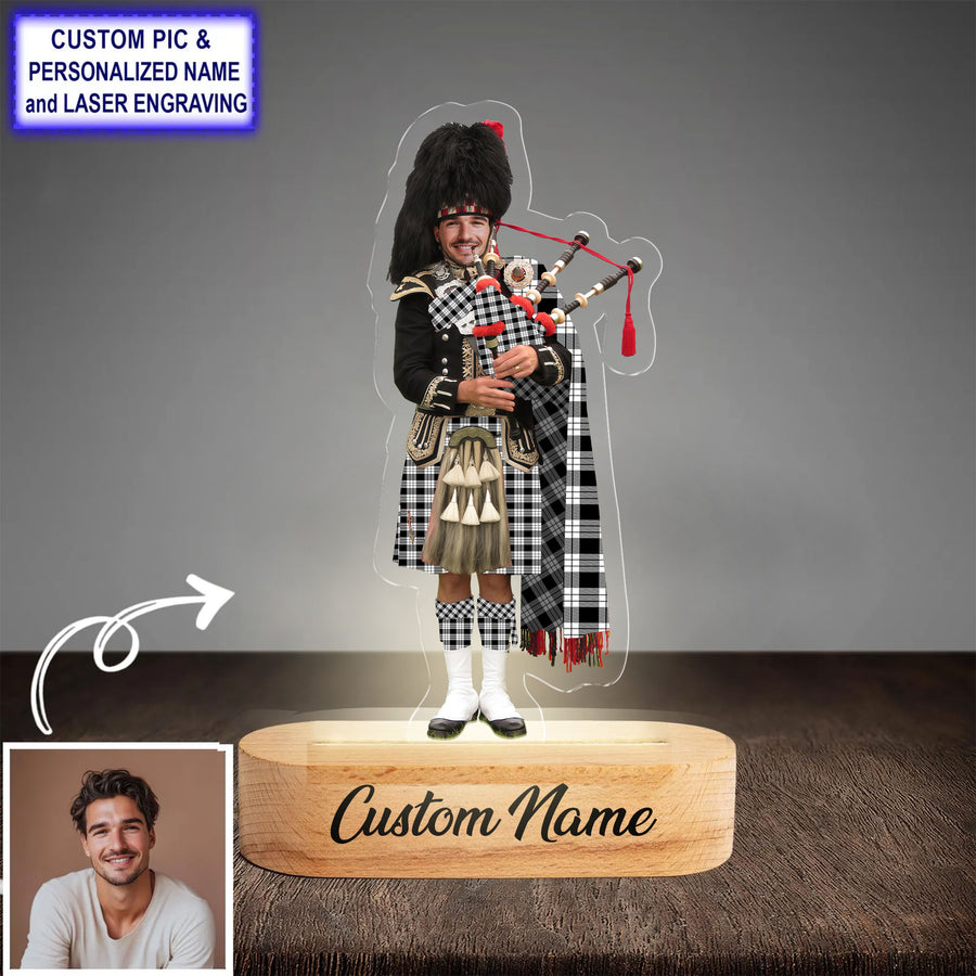 Custom Bagpipe MacFarlane Black & White Tartan LED Night Light - Personalized Scottish Bagpiper Figurine with Wooden Stand