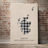 MacFarlane Black & White Tartan Scotland Map Canvas – “Tartan Runs Through My Veins” Wall Art