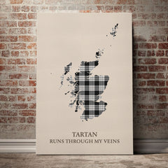 MacFarlane Black & White Ancient Tartan Scotland Map Canvas – “Tartan Runs Through My Veins” Wall Art