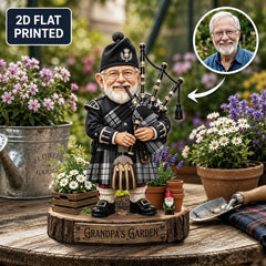 Personalized MacFarlane Black & White Ancient Clan Bagpipe Garden Gnome Caricature Plaque Custom Photo, Any Clan Tartan, Wood or Acrylic, Grandpa & Dad Gift, Scottish Highland Garden Decor CX16