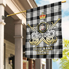 Custom Name Clan MacFarlane Black & White Ancient Tartan Garden Flag with Clan Crest and the Golden Sword of Courageous Legacy WV53