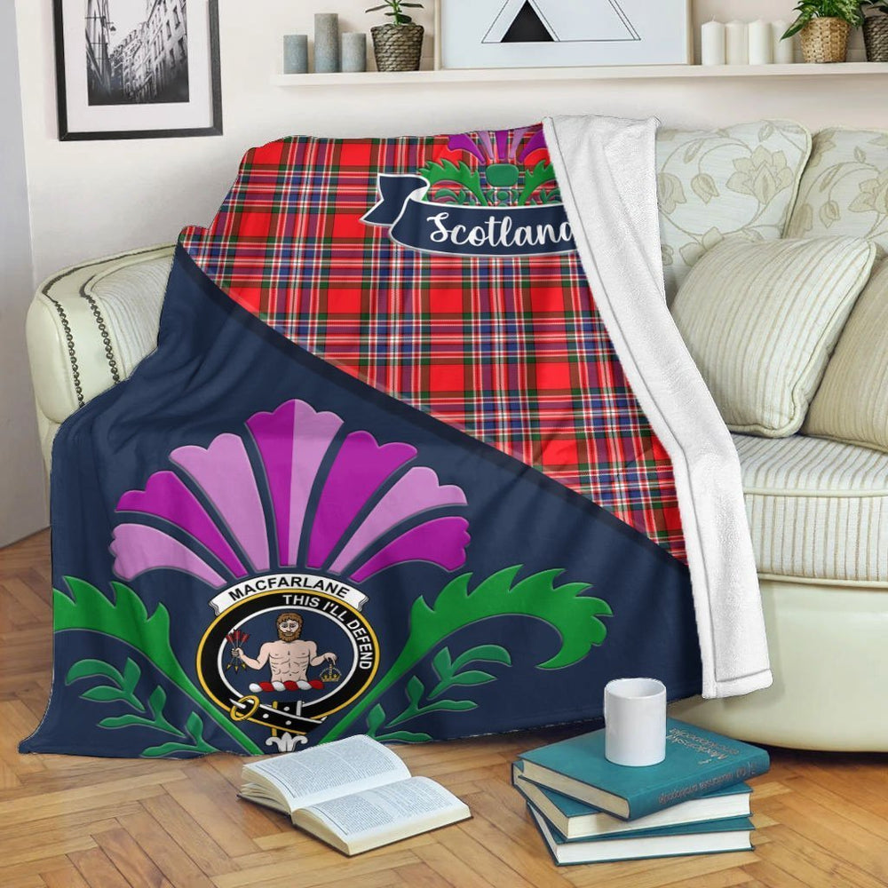 Clan MacFarlane Tartan Crest Premium Blanket Thistle Style EF21 Clan MacFarlane Tartan Today