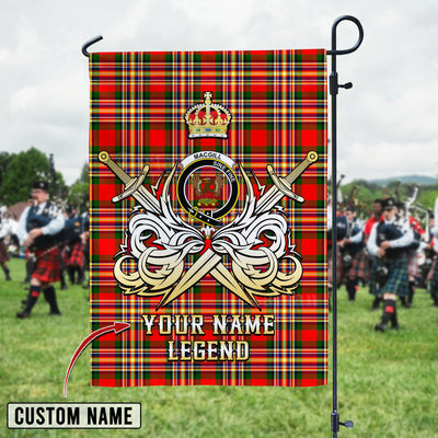 Custom Name Clan MacGill Modern Tartan Garden Flag with Clan Crest and the Golden Sword of Courageous Legacy