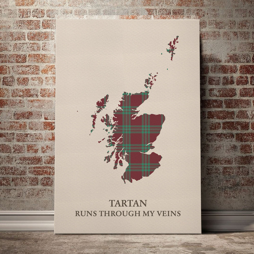 MacGregor Hunting Ancient Tartan Scotland Map Canvas – “Tartan Runs Through My Veins” Wall Art