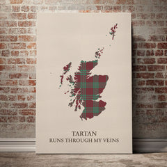MacGregor Hunting Ancient Tartan Scotland Map Canvas – “Tartan Runs Through My Veins” Wall Art