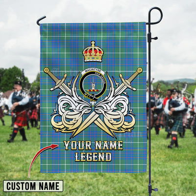 Custom Name Clan MacIntyre Hunting Ancient Tartan Garden Flag with Clan Crest and the Golden Sword of Courageous Legacy