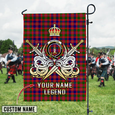 Custom Name Clan MacIntyre Modern Tartan Garden Flag with Clan Crest and the Golden Sword of Courageous Legacy