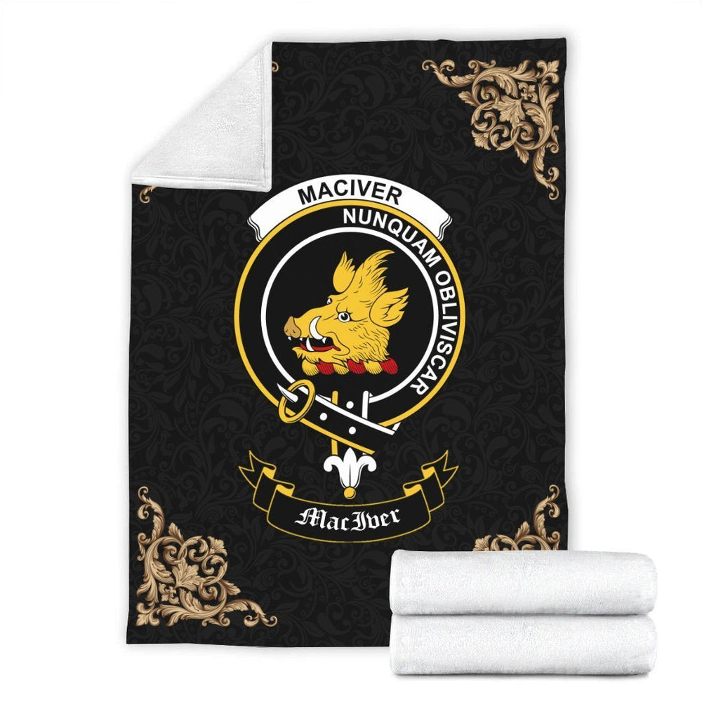 Clan MacIver Crest Tartan Premium Blanket Black RV52 Clan Hall Tartan Today