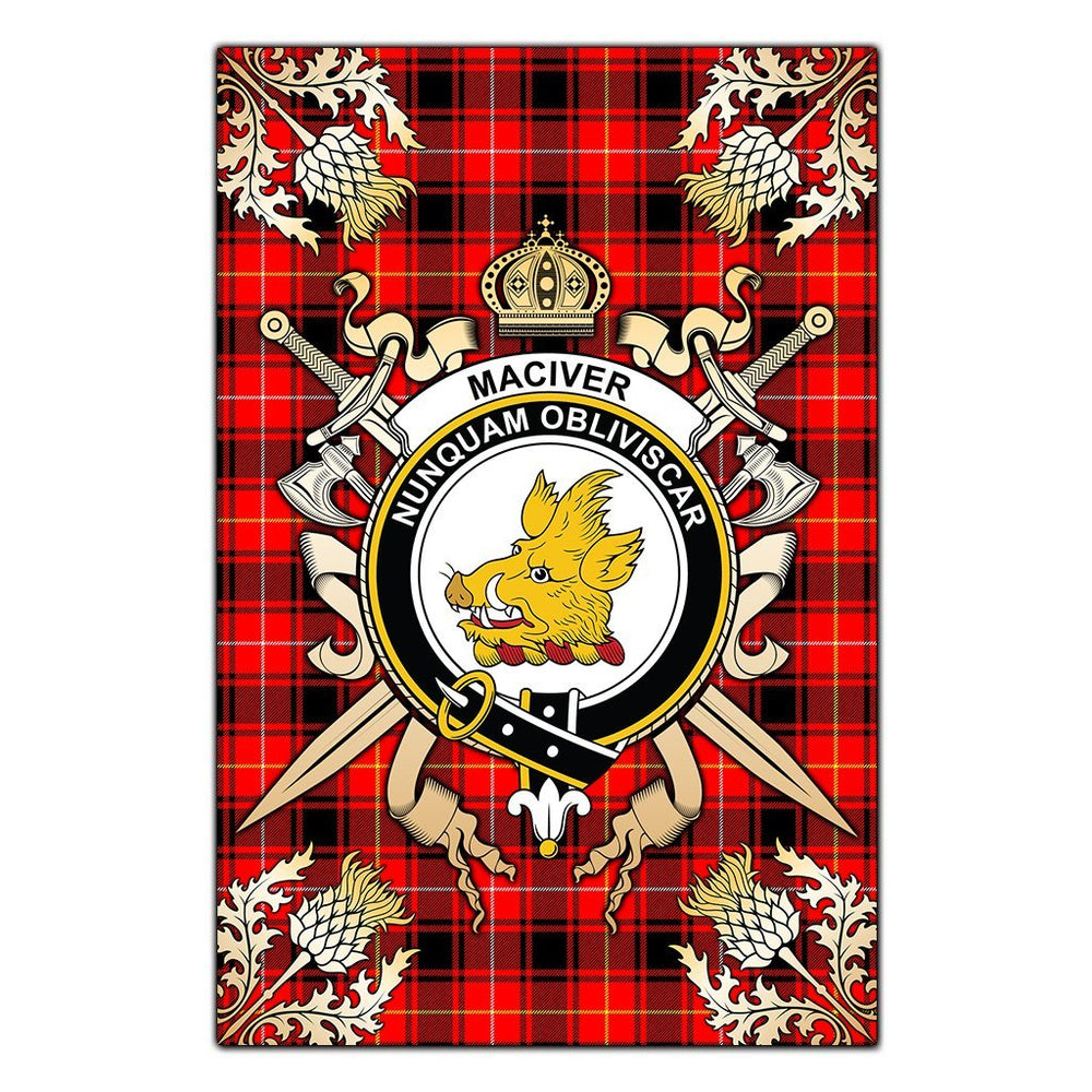 Clan MacIver Modern Tartan Crest Black Garden Flag - Gold Thistle PW84 Clan Garden Tartan Today