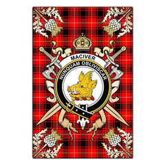Clan MacIver Modern Tartan Crest Black Garden Flag - Gold Thistle PW84 Clan Garden Tartan Today
