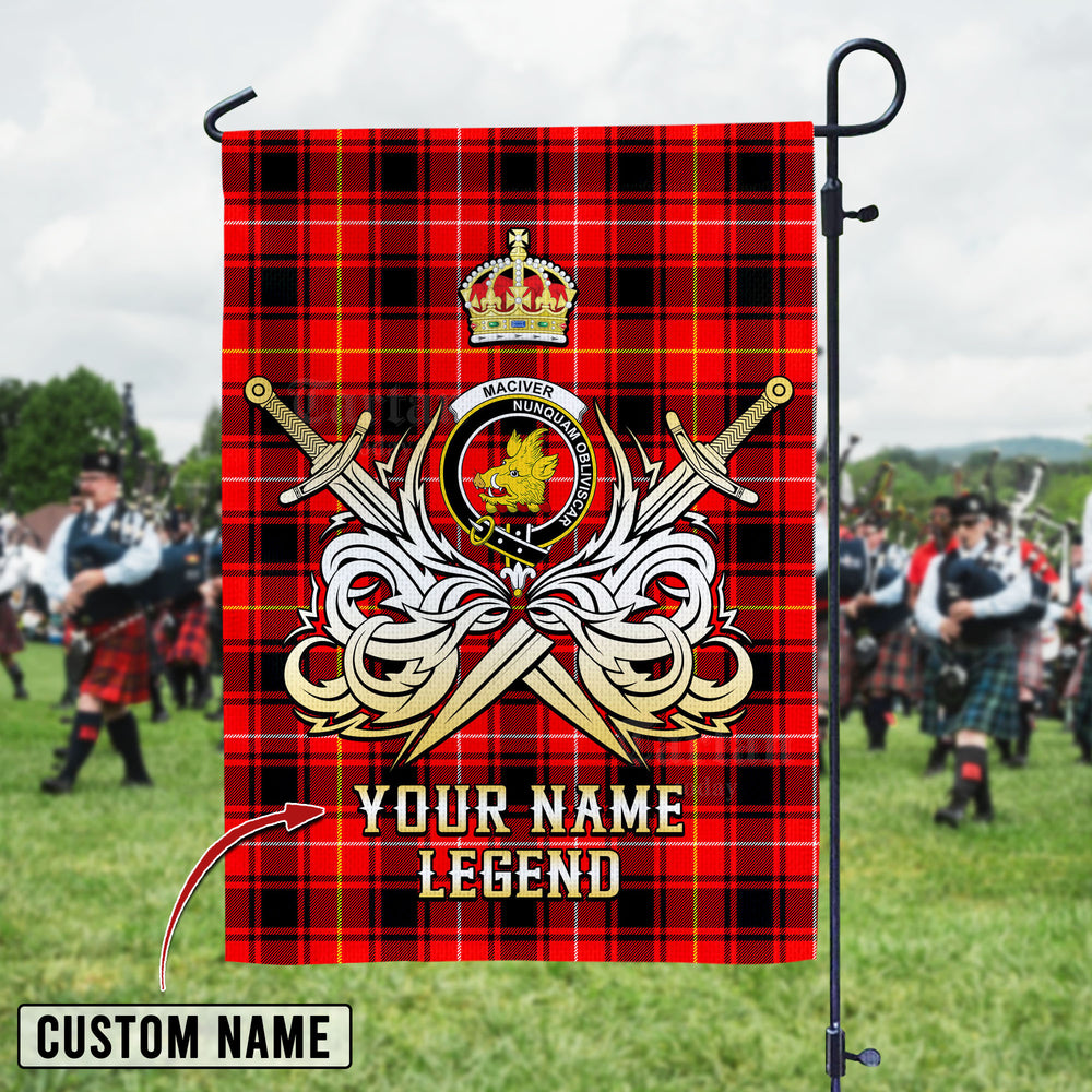 Personalized Custom Name Clan MacIver Modern Tartan Garden Flag with Clan Crest and the Golden Sword of Courageous Legacy CI74 - MacIver Modern Tartan Design, Scottish Heritage Gift