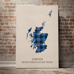 MacKay Blue Tartan Scotland Map Canvas – “Tartan Runs Through My Veins” Wall Art