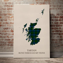 MacKay Modern Tartan Scotland Map Canvas – “Tartan Runs Through My Veins” Wall Art