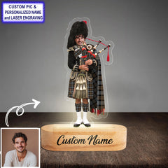 Custom Bagpipe MacKay Weathered Tartan LED Night Light - Personalized Scottish Bagpiper Figurine with Wooden Stand