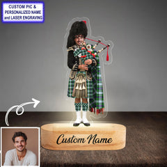 Custom Bagpipe MacKenzie Dress Modern Tartan LED Night Light - Personalized Scottish Bagpiper Figurine with Wooden Stand