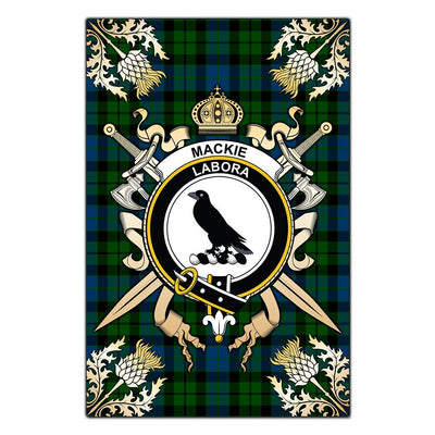 Clan MacKie Tartan Crest Black Garden Flag - Gold Thistle
