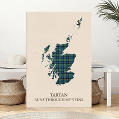 Clan MacKinlay Ancient Tartan Scotland Map Canvas “Tartan Runs Through My Veins” Wall Art XQ24
