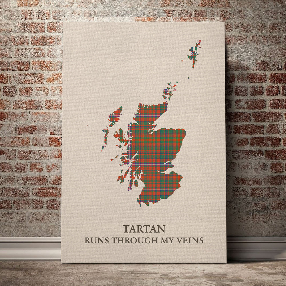 MacKinnon Ancient Tartan Scotland Map Canvas – “Tartan Runs Through My Veins” Wall Art