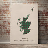 MacKinnon Hunting Ancient Tartan Scotland Map Canvas – “Tartan Runs Through My Veins” Wall Art