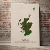 MacKinnon Hunting Modern Tartan Scotland Map Canvas – “Tartan Runs Through My Veins” Wall Art